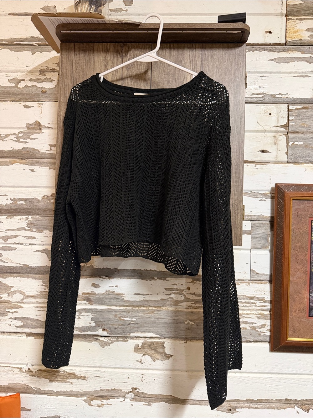 Zenana Outfitters Black Open-Knit Cropped Crew Sweater
